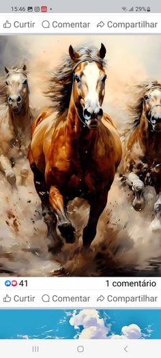 a painting of three horses running in the sand with clouds and sky behind them, on an instagram page