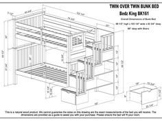 the bunk bed is shown with measurements for its size and features an attached storage compartment