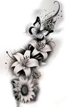 a black and white tattoo design with flowers on the left side of the arm, butterflies flying over it