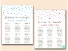 two baby shower games with hearts and confetti on the top, one for each child