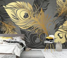 3D Golden Feather M143 Removable Wallpaper Self Adhesive | Etsy Wall Sketch, Painting For Kitchen, Modern Wall Paint, Golden Feather, Fashion Abstract, 3d Wallpaper Mural, Funky Wallpaper, House Design Interior, Adhesive Wall Art