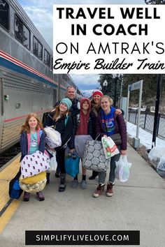 a group of people standing in front of a train with bags on their backs and the words travel well in coach on amtrak empire builder trains