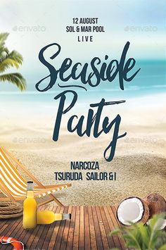 a beach party flyer with palm trees and chairs