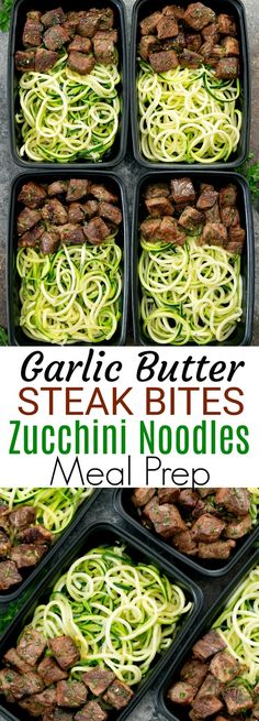 zucchini noodles with garlic butter and steak bites in black trays on top