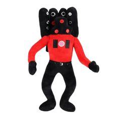 a black and red stuffed animal with five eyes on it's chest, holding two hands in the air