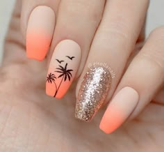 Coral Palm Tree Nails, Palm Tree Gel Nails, Beach Nails With Palm Trees, Palm Nails Tropical, Beach Vacation Nails Inspiration, Holiday Nails Summer 2023 Coral, Nails With Palm Tree Design, Fabulous Nails Summer, Palm Tree Nails Design