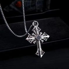 Mens Black CZ Silver Cross Pendant Necklace Christian Catholic Jewelry Chain 24" | eBay Black Metal Cross Chain Necklace, Black Cross Chain Necklace Gift, Metal Cross Pendant Necklace With Adjustable Chain, Gift Black Cross Chain Necklace, Black Cross Chain Necklace As Gift, Metal Cross Jewelry With Adjustable Chain, Metal Clavicle Chain Necklace With Cross Pendant, Metal Chain Cross Necklace, Metal Cross Clavicle Chain Jewelry