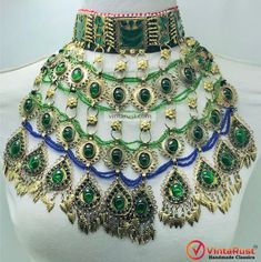 *This massive tribal silver tribal choker necklace with long rustic hued tassels is an antique tribal ornament, we have added to our tribal jewelry collection. Alluring green glass stones are used for making this marvelous tribal ornament. These stones are beautified artistically on the long silver dangling tassels. *This green stone ethnic tribal choker necklace is giving vibes of vintage and antique jewelry. This marvelous tribal choker necklace gives a delicate and royal look whenever you wear it. This masterpiece defines a completely new world of beauty and magnificence. The long dangling tassels cover your neck very elegantly. In the end, you get a full traditional look.  *Crafted by hardworking craftsmen from South Asia with lots of affection and care. This vintage-inspired tribal ch Oversized Necklace, Kuchi Jewelry, Family Fashion, Jewelry Show, Chunky Necklace, How To Look Classy, Bohemian Jewelry, Traditional Dresses, Womens Jewelry Necklace