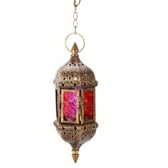 a red and gold lantern hanging from a chain on a white background with clippings