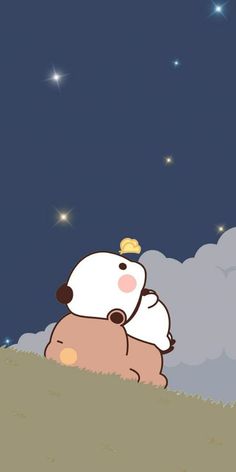 a cartoon bear sitting on top of a grass covered hill under a sky filled with stars