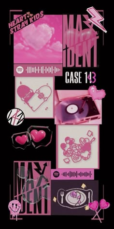 an advertisement with pink and black images on it, including heart shaped objects in the background