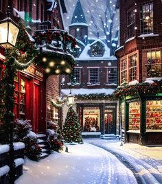 a snowy street with christmas decorations and lights