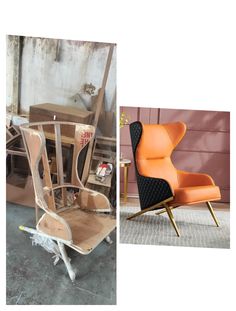 an orange chair sitting on top of a wooden floor next to a brown chair with wheels