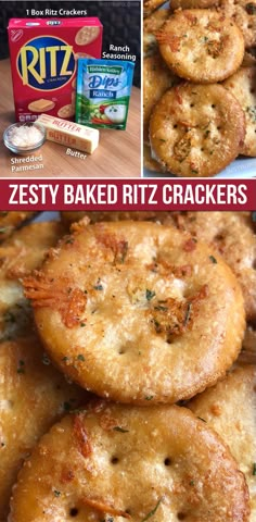 some food that is on top of a table and in front of the words zesty baked ritz crackers