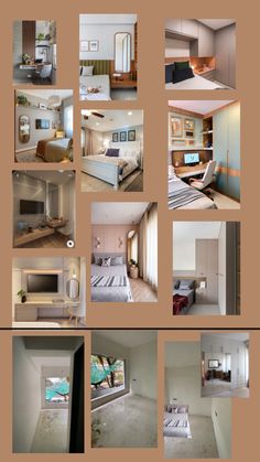 a collage of photos showing different rooms and furnishings in one room, including bed, desk, kitchen, living room, bedroom