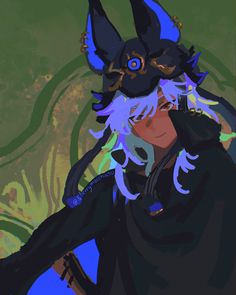 an anime character with long white hair and blue eyes wearing a black outfit, standing in front of a green background