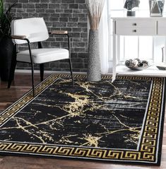 a black and gold area rug in a room with brick wall, white chair and side table