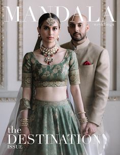 a man and woman standing next to each other on the cover of india wedding magazine