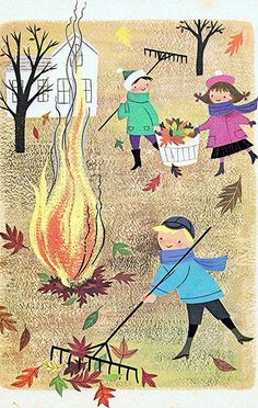 children roasting vegetables over an open fire with autumn leaves on the ground and trees in the background