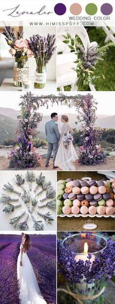 a collage of photos with lavenders, candles and flowers in the foreground