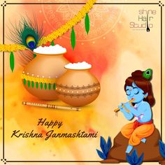 happy krishna ghameshi greeting card with peacock and pot on yellow background