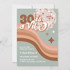 the 30th birthday party card features a disco ball