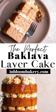 the perfect bak lava layer cake is topped with caramel sauce and walnuts