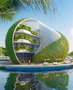 an artistic rendering of a building with green plants growing on it