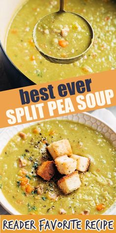 Warm up with this classic homemade Split Pea Soup with Ham. It's an easy and comforting recipe perfect for using up that leftover hambone after Easter or any holiday dinner. Numerous readers have called it the "best split pea soup," and it is one of the most popular recipes on the Striped Spatula blog. Serve it with homemade buttery garlic croutons for a cozy meal! Ham Bone Split Pea Soup, Best Split Pea Soup, Split Pea Soup With Ham, Pea Soup With Ham, Ham Bone Soup, Soup With Ham, Pea Soup Recipe, Ham Hocks, Split Pea Soup Recipe