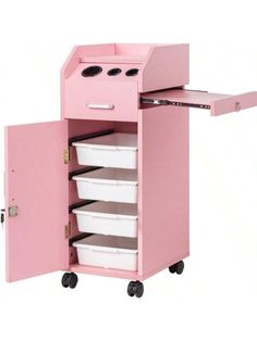 a pink cart with four white containers in it and wheels on the bottom, holding several plastic bins