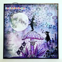 a card with an image of a fairy on top of a mushroom and the moon in the background