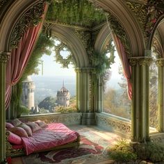 an ornate bedroom with pink bedding and curtains on the windowsill, overlooking a castle like building