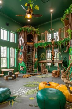 an indoor play area with jungle themed furniture