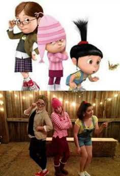 two pictures of people in different outfits, one with glasses and the other with pink hair