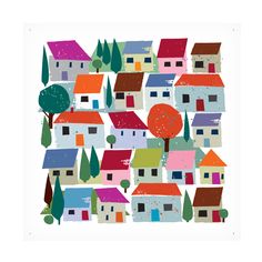 a painting with houses and trees on it