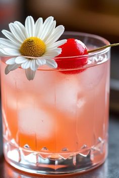 A close-up of a Gin Daisy cocktail showcasing its vibrant color and garnished with a maraschino cherry. This cocktail combines the tanginess of gin with a sweet twist, perfect for those seeking easy recipes to impress friends. Gin Daisy, Sour Cocktail, Summer Gathering, Classic Cocktail, Maraschino Cherry