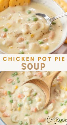 chicken pot pie soup in a bowl with a wooden spoon pulling out a scoopful. Easy Chicken Pot Pie Soup, Chicken Pot Pie Soup Recipe, Pot Pie Soup Recipe, Comfort Soups, Bowl Chicken, Chicken Pot Pie Soup, Pot Pie Soup, Easy Chicken Pot Pie