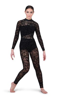 a woman in black bodysuit with sheer mesh on the sides and one leg up