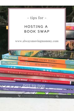 stack of books with title tips for hosting a book swap