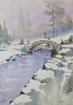 a watercolor painting of a snowy landscape with a bridge and trees in the background