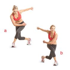 a woman doing squats and lunges in three different positions, both with arms outstretched