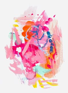 an abstract painting with pink, yellow and blue colors