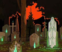 an animated cemetery with tombstones lit up in green and orange lights at night time