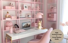 a desk with pink chairs and shelves filled with items