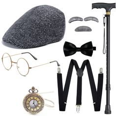 PRICES MAY VARY. The old man costume accessories set includes: 1*beret hat, 1*fake eyebrows and beard, 1*bow tie, 1*Y-back elastic suspender, 1*glasses, 1*fake pipe, 1*vintage pocket watch（not actually work）and 1*cane. What you see is what you get. Newsboy hat: comfortable and one size fits most, bow tie is made of smooth polyester, Y-back suspender is elastic and easy to wear, pipe and cane are made of plastic material, pocket watch is made of alloy, glasses is a accessory and has no degree. Th Kids Old Man Costume, 1920s Mens Hats, 1920s Mens Costume, Old Man Costume, Gangster Costume, Gangster Costumes, Gatsby Accessories, 1920s Men, Men Costume