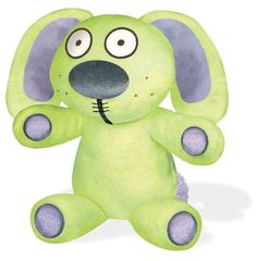 a green stuffed animal with eyes and ears