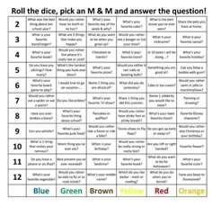 a printable game for kids to play with the words roll the dice, pick an m and answer the question