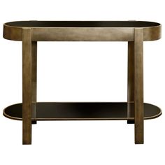 the side table is made from metal and has a black glass shelf on one end