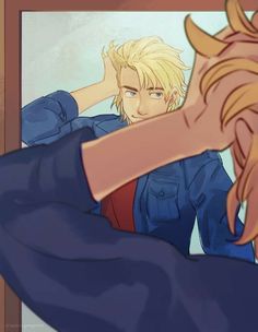 an anime character with blonde hair and blue shirt looking at himself in the mirror while holding his hand up to his head