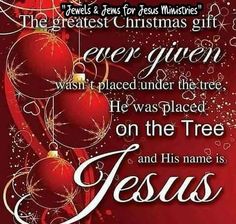 a red christmas card with ornaments and the words, jesus is greatest gift ever given